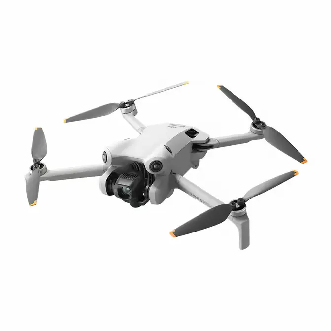 DJI Mini 4 Pro folding consumer drone photographed against a plain background