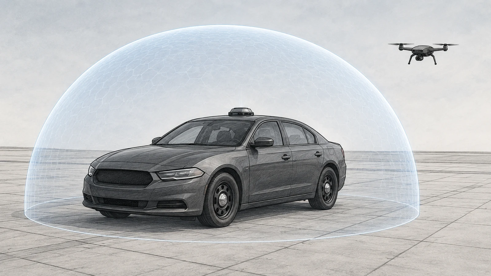 A police patrol car parked beneath a translucent protective dome projected from a roof-mounted sensor, with a small drone hovering outside the dome's edge