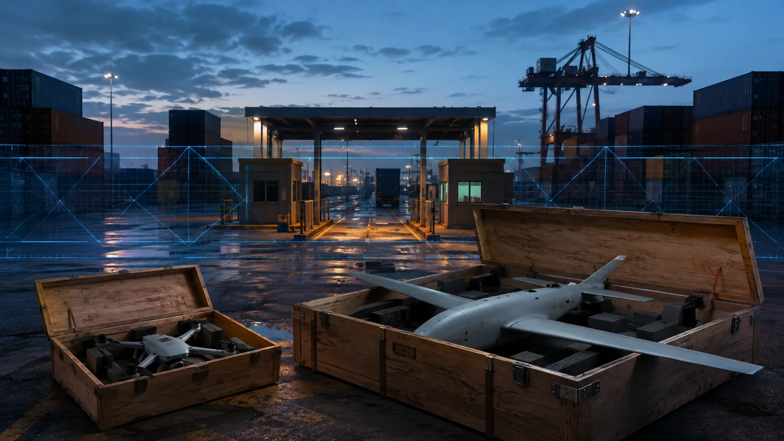 Container port at dusk with a lit customs gate and gantry crane, and two open wooden shipping crates in the foreground holding a small quadcopter and a large fixed-wing uncrewed aircraft