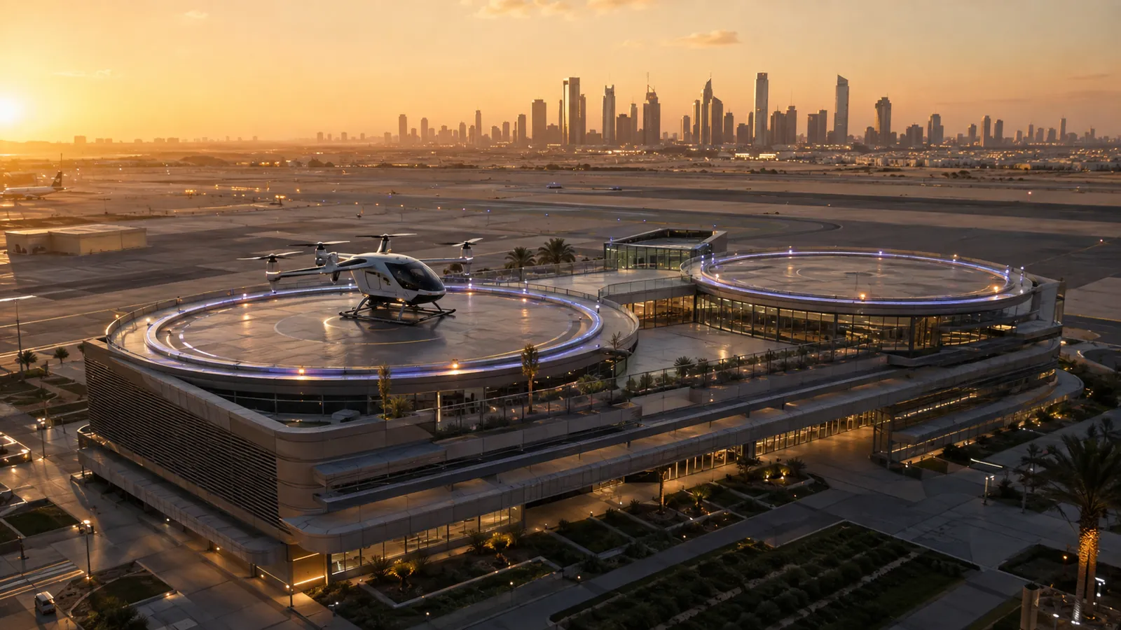 Aerial view at sunset of a multi-storey vertiport with two illuminated circular landing pads, an electric air taxi parked on one of them, and an airport apron and city skyline behind