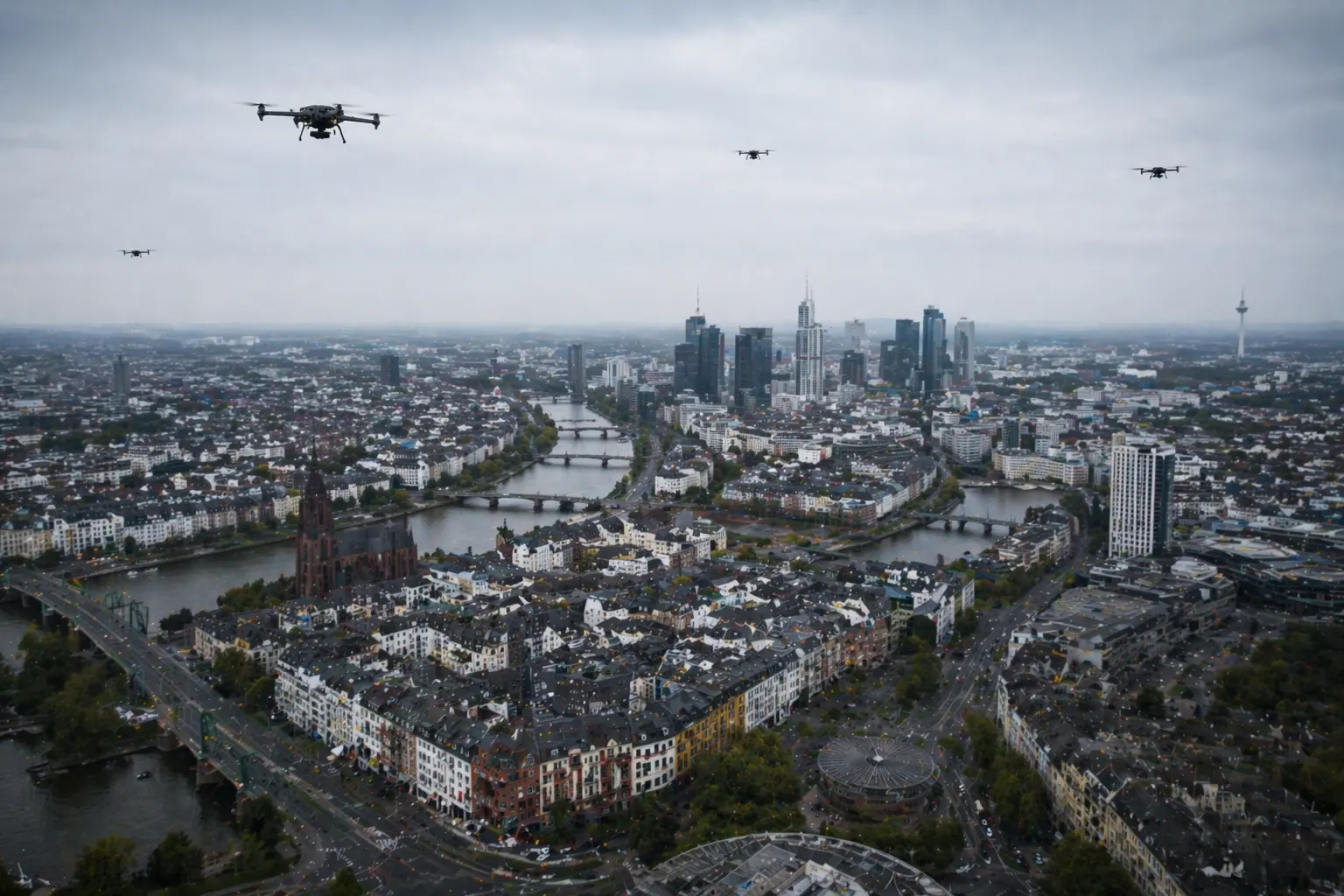 Drone flying in low-altitude urban airspace with air traffic control tower in background