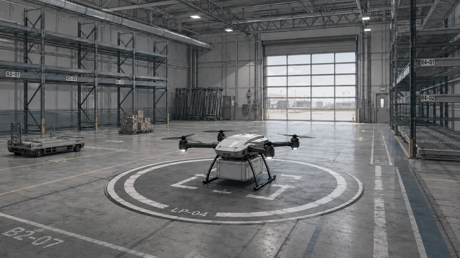 Technical illustration of a generic cargo-drone on a circular landing pad in a mostly empty logistics bay