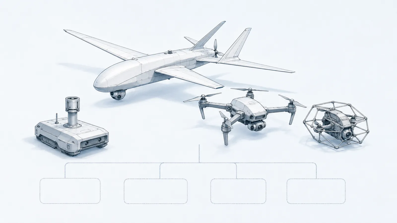 Technical line illustration of a large fixed-wing drone, a quadcopter, a caged inspection drone and a tracked ground sensor unit arranged above an empty org-chart bracket
