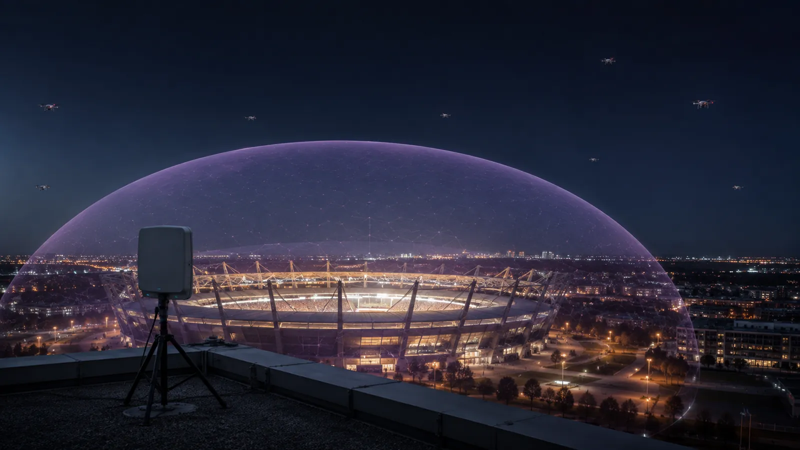 Floodlit stadium at night beneath a translucent violet detection dome projected from a sensor unit on a nearby rooftop, with small drones flying outside the edge of the dome