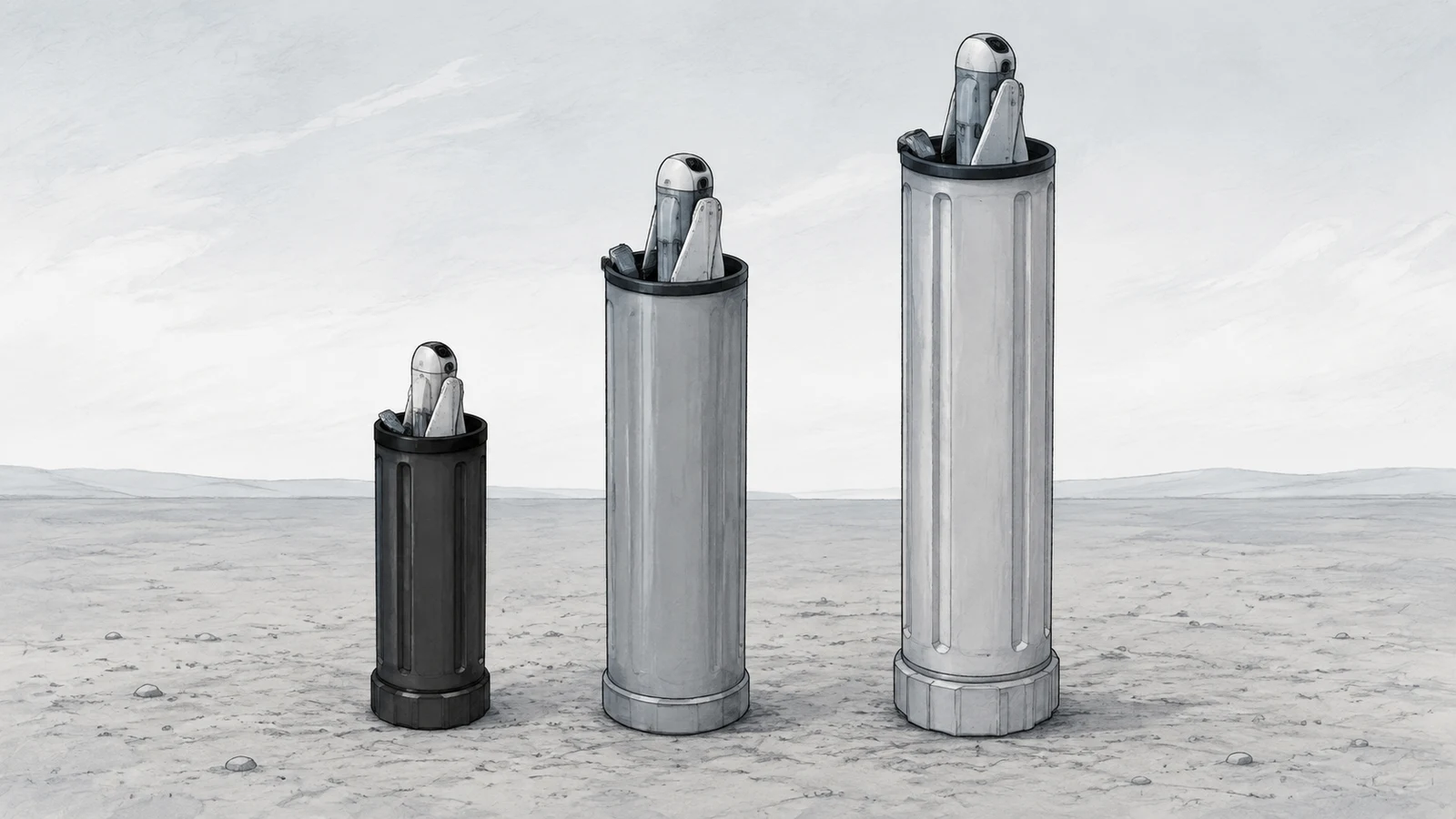 Three man-portable launch tubes of different sizes standing upright in a row on open ground, each with a small folded-wing munition partly visible at the mouth
