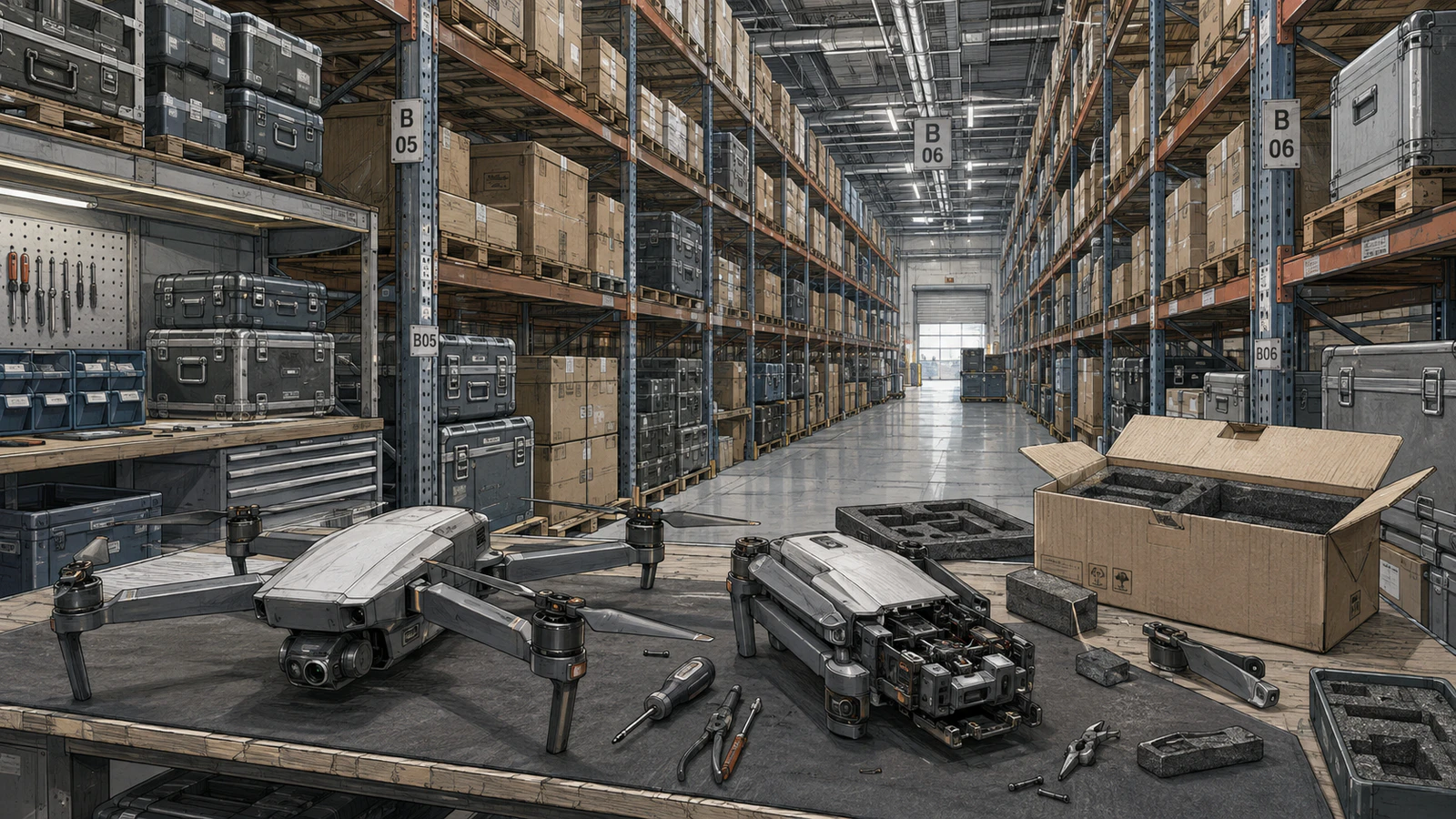 Technical illustration of two generic quadcopters on a packing bench in a densely stocked warehouse aisle